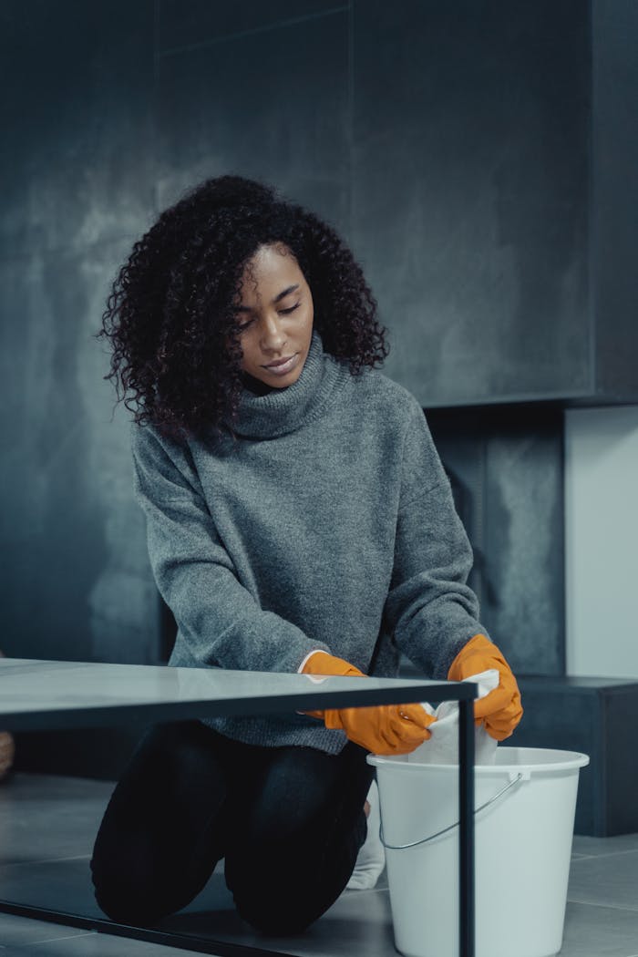 African American woman in gray sweater cleaning with a pail and gloves at home.